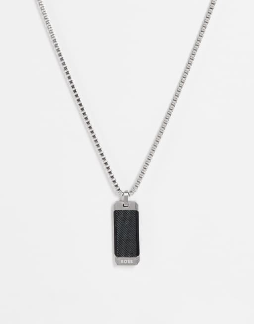 BOSS dog tag necklace in black and silver