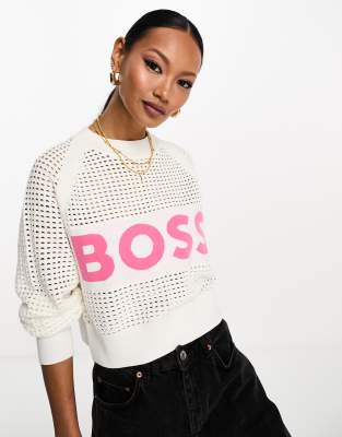 BOSS Fenniki logo mesh jumper in open white