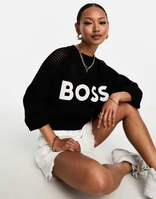 BOSS – Fenniki – Svart tröja i mesh med logga