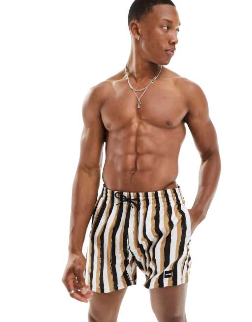 BOSS Fyn stripe swim shorts in medium beige