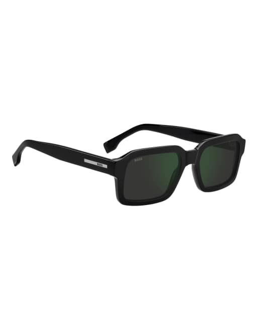 BOSS Gafas de sol rectangulares - negras con lentes de espejo verde de alto contraste y gris, 6 de 6