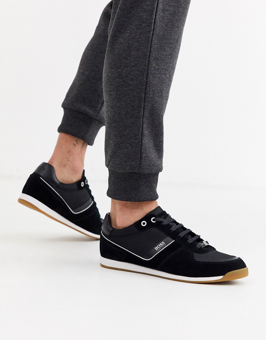 BOSS - Glaze - Sneakers basse in rete con bordi scamosciati nere-Nero
