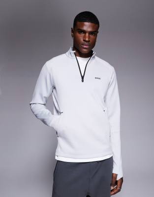 BOSS Green – Active – Ljusgrå sweatshirt med kort dragkedja - view 1