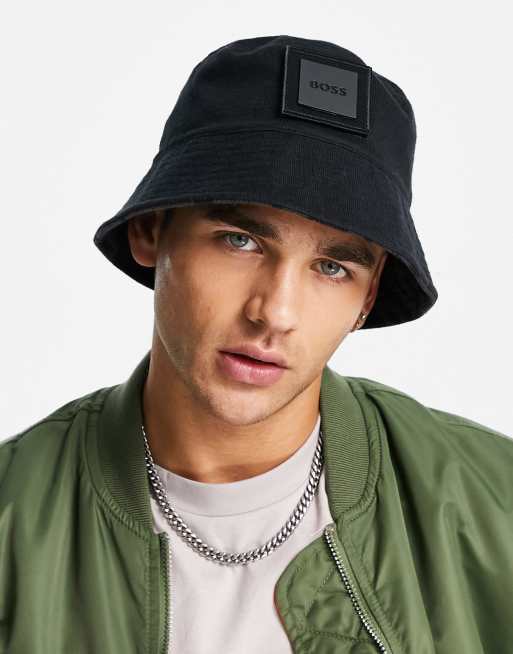 BOSS - Green - Alotus - Omkeerbare bucket hat in zwart met afneembaar logo 