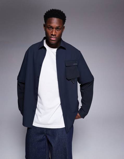 BOSS Green – Glamping – Marinblå, avslappnad overshirt i nylon med avtagbara ärmar - view 1