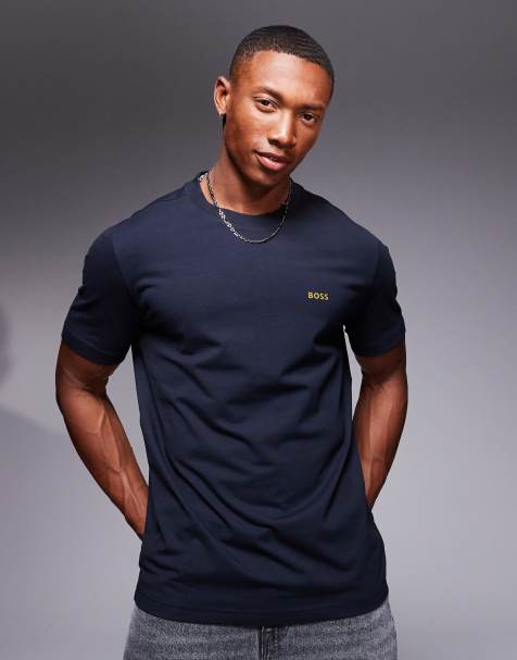 BOSS Green – Granatowy T-shirt o regularnym kroju z logo - view 1