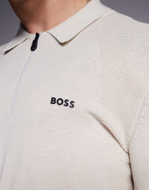 BOSS Green - Momentum - Polo beige in maglia di cotone con zip corta, 2 di 4