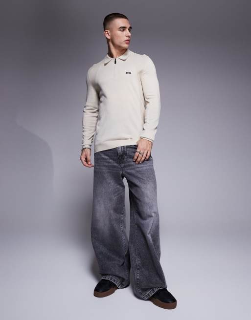 BOSS Green - Momentum - Polo beige in maglia di cotone con zip corta, 3 di 4