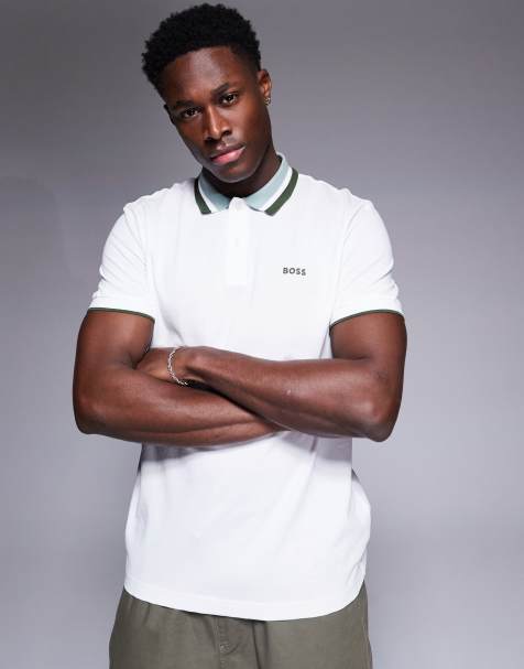 BOSS Green Paddy Heritage logo tipped jersey polo in white - view 1