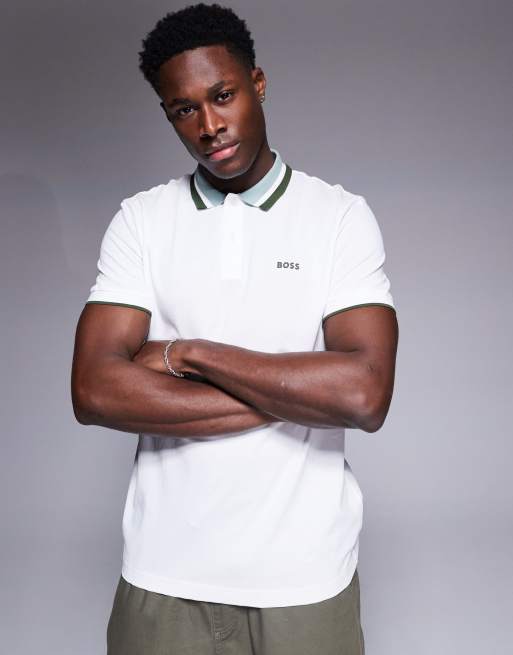 BOSS Green - Paddy Heritage - Polo in jersey color bianco con logo e profili a contrasto
