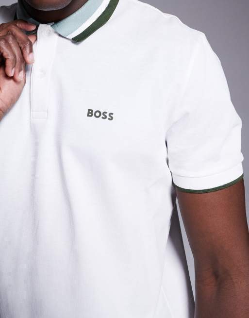 BOSS Green – Paddy Heritage – Vit pikétröja i jersey med logga och kantrand, 4 av 4
