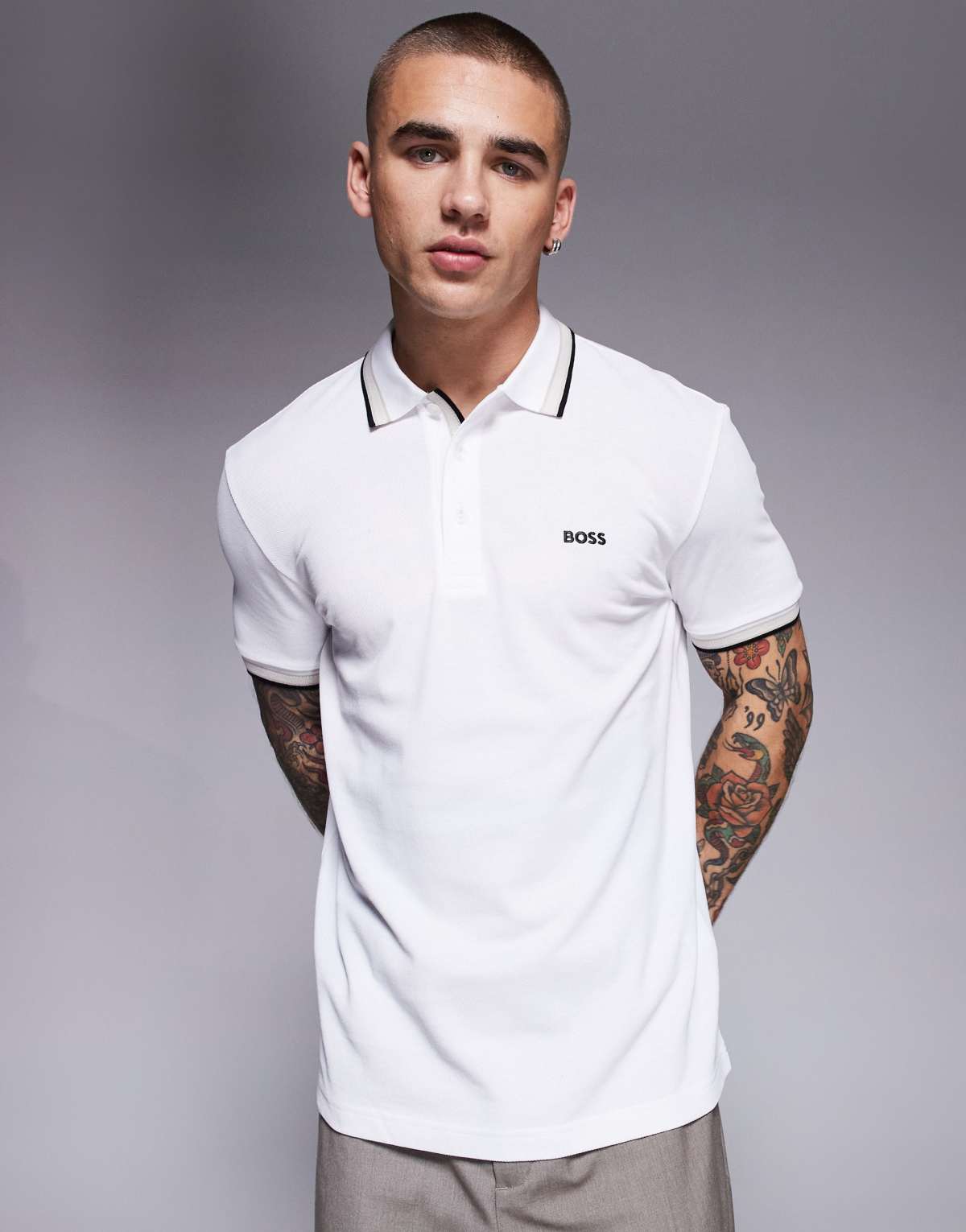 BOSS Green Paddy logo tipped pique polo in white