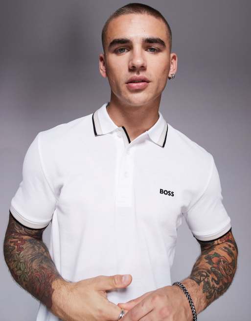 BOSS Green Paddy logo tipped pique polo in white