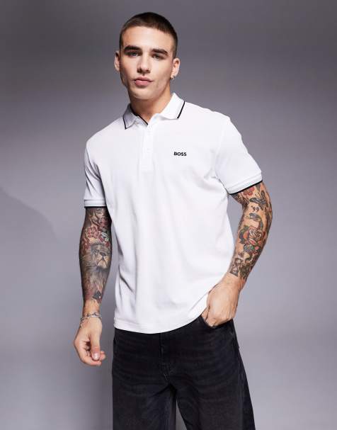 BOSS Green Paddy logo tipped pique polo regular fit in white - view 1