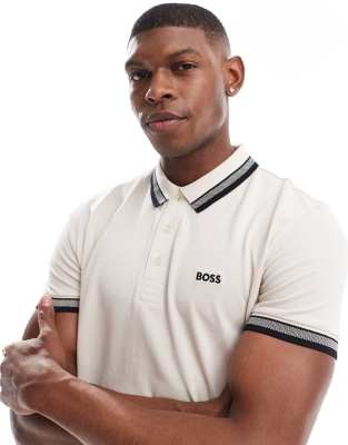 BOSS Green – Paddy – Polohemd in Hellbeige mit Zierstreifen - view 1