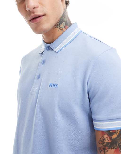BOSS Green – Paddy – Polohemd in Hellblau mit Zierstreifen