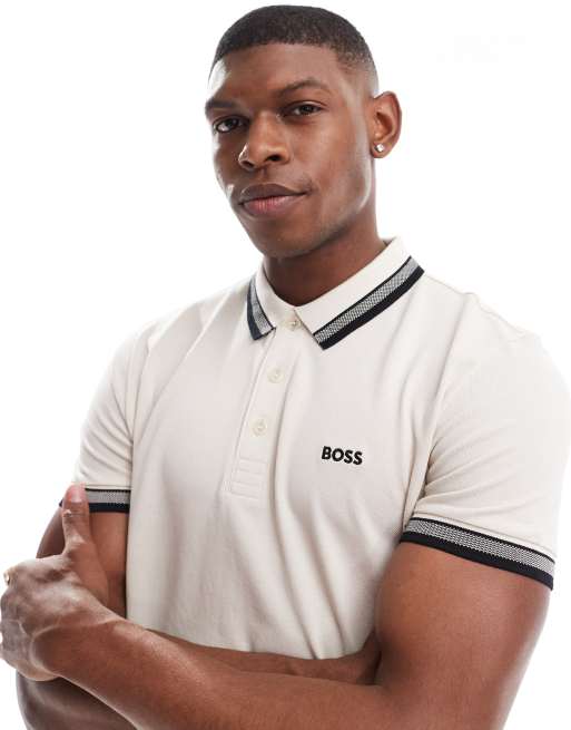 BOSS GREEN - Paddy - Poloskjorte med kantdetaljer i lys beige