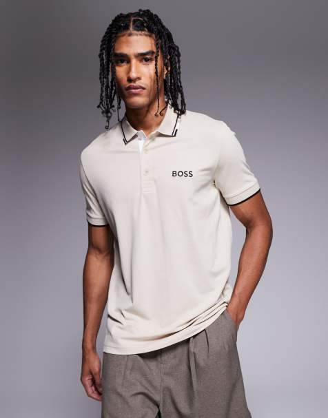 BOSS Green Paddy Pro logo icon stripe tipping jersey polo in beige