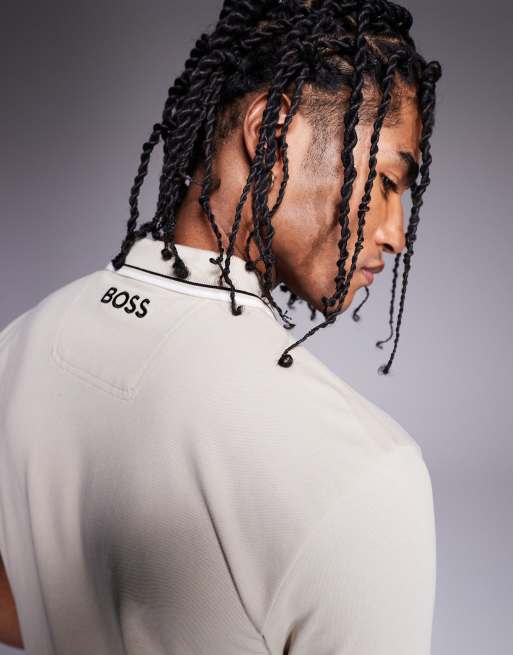 BOSS Green Paddy Pro logo icon stripe tipping jersey polo in beige
