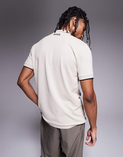 BOSS Green Paddy Pro logo icon stripe tipping jersey polo in beige