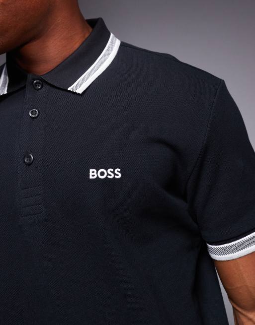 BOSS Green – Paddy – Svart pikétröja i regular fit med logga och kantrand, 4 av 4