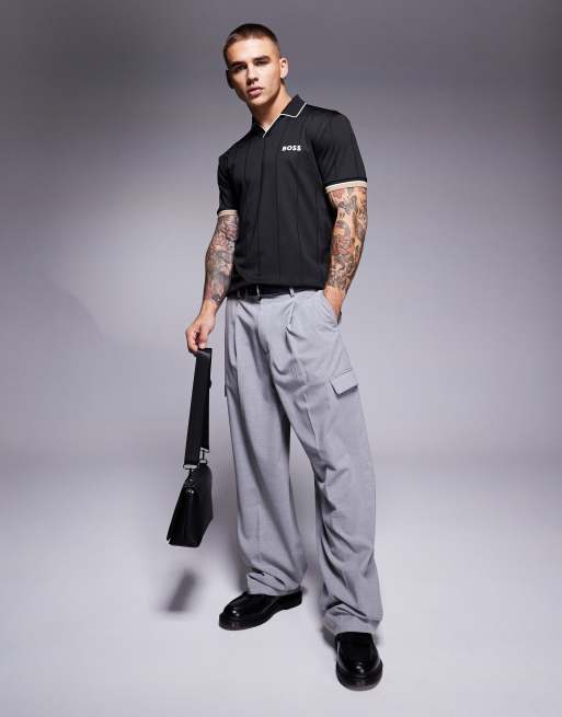 BOSS Green Palle 2 open collar jersey polo slim fit in black, 2 of 4