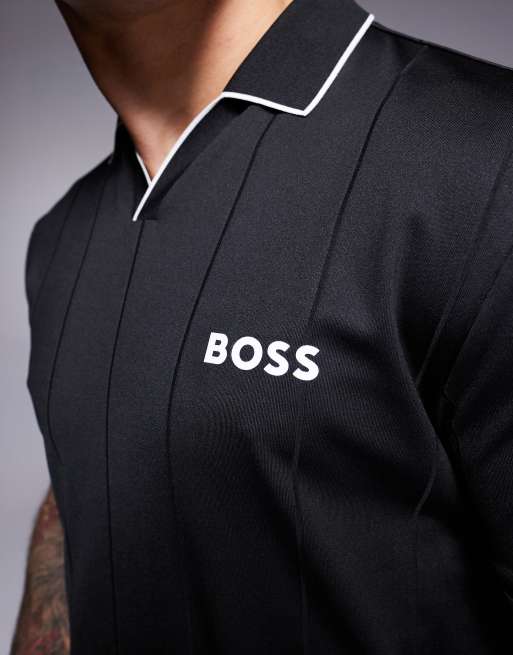 BOSS Green Palle 2 open collar jersey polo slim fit in black, 3 of 4