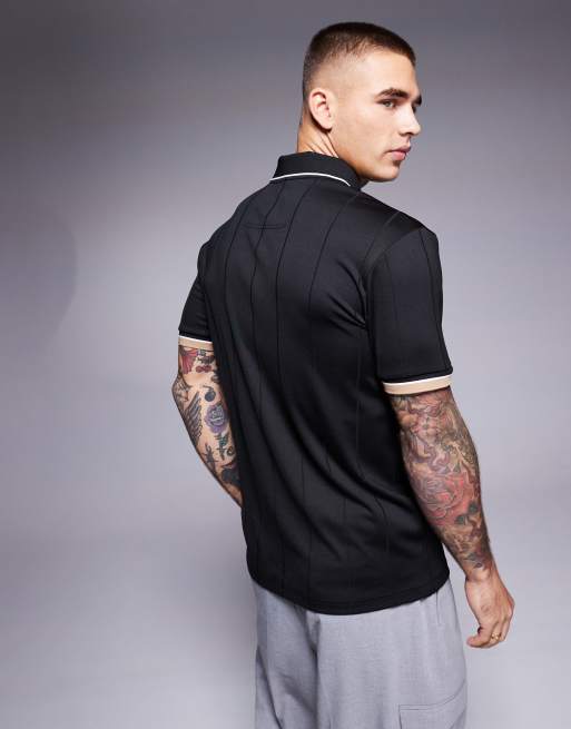 BOSS Green Palle 2 open collar jersey polo slim fit in black, 4 of 4