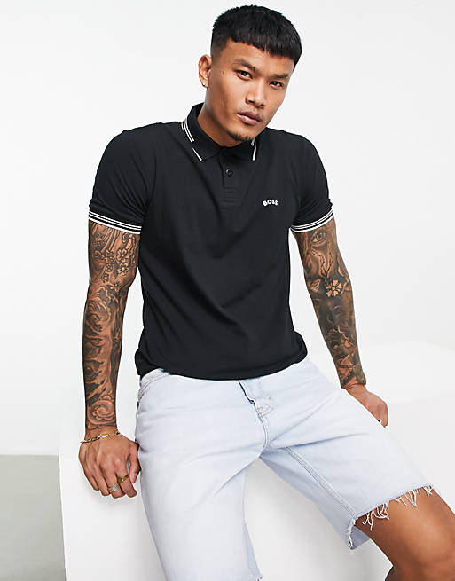 BOSS Green Paul Curved polo shirt in black | ASOS