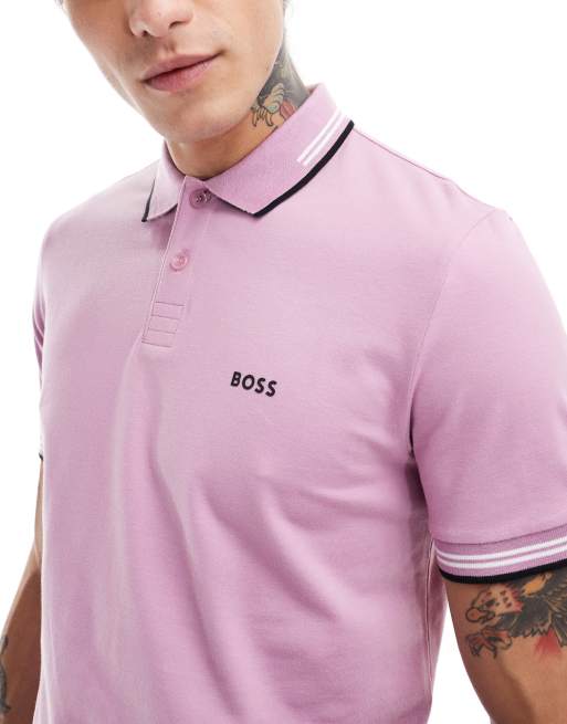 BOSS Green – Paul – Polohemd in Helllila und Schwarz mit Zierstreifen