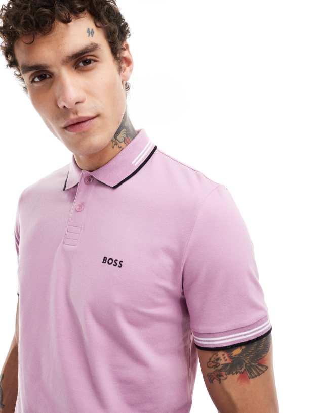 BOSS Green - paul tipped polo shirt in light purple and black