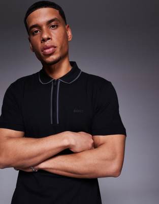Philix Tape zip neck pique polo shirt regular fit in black