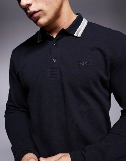 BOSS Green plisy long sleeve polo shirt in black | ASOS
