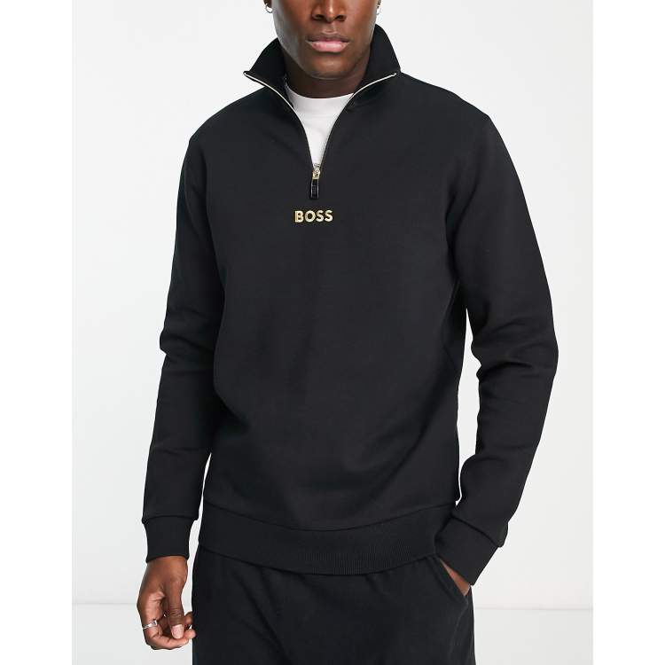 BOSS Green quarter zip gold logo sweatshirt in black