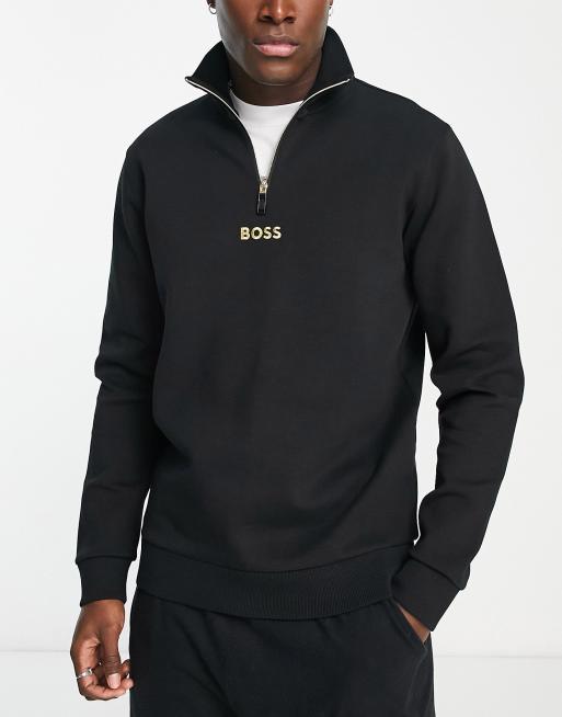 BOSS Green quarter zip gold logo sweatshirt in black ASOS