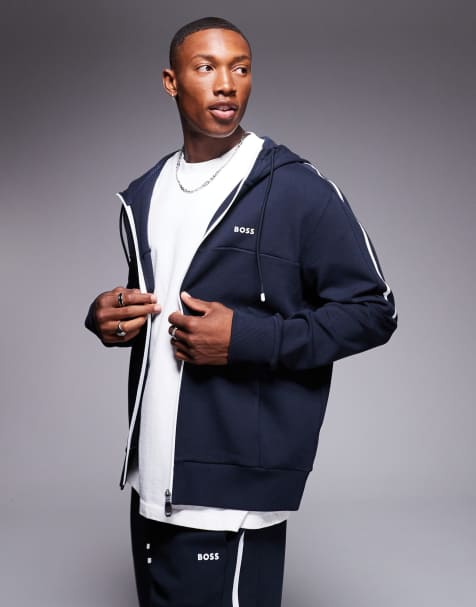 BOSS Green - Regular-fit hoodie met rits en capuchon in marineblauw, deel van co-ord set - view 1