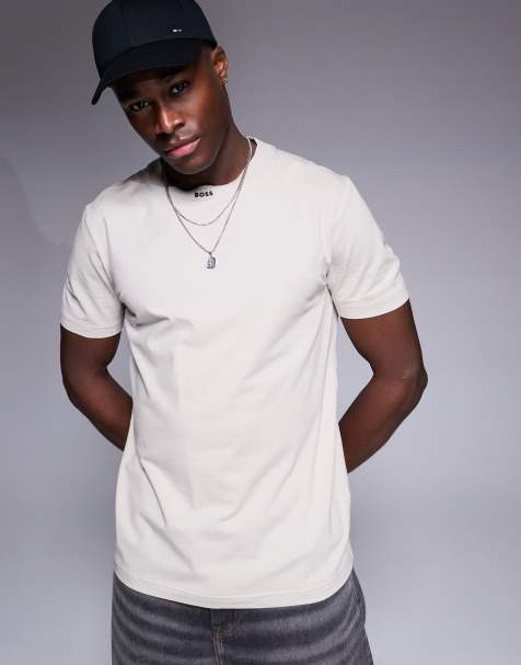 BOSS Green Rib neck logo heavyweight t-shirt in beige - view 1