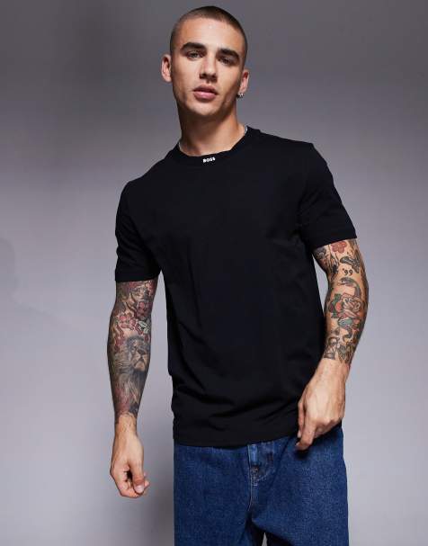 BOSS Green Rib neck logo heavyweight t-shirt in black