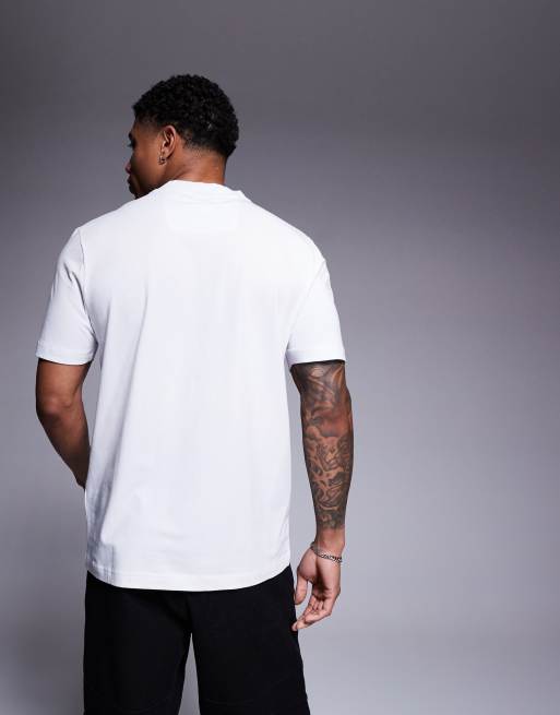 BOSS Green Rib neck logo heavyweight t-shirt in white, 4 of 4