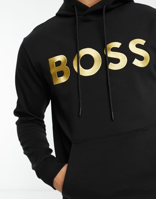 BOSS Green Soody 1 Felpa con cappuccio nera comoda con logo dorato ASOS