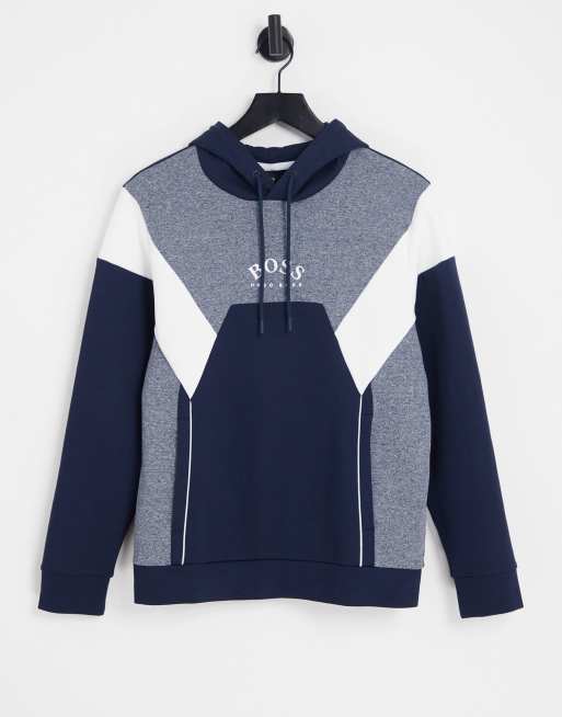 BOSS Green – Soody 1 – Kapuzenpullover in Marineblau mit Blockfarbendesign 