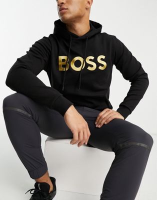 BOSS Green Soody 1 relaxed fit gold logo hoodie in black