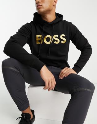 BOSS Green Soody 1 relaxed fit gold logo hoodie in black ASOS