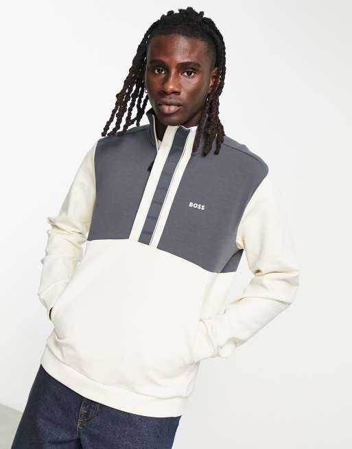 BOSS – Green – Sweat 1 – Bluza dresowa z zamkiem pod szyją, w kolorze złamanej bieli i granatowym 