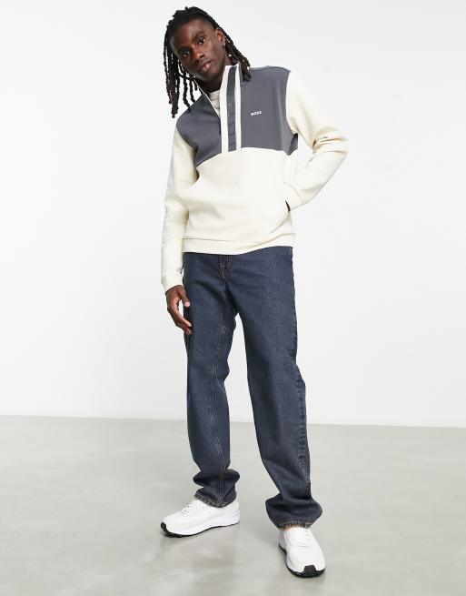 BOSS Green - Sweat 1 - Sweatshirt med 1/4 lynlås og bånddetaljer i råhvid/marineblå , 4 af 4