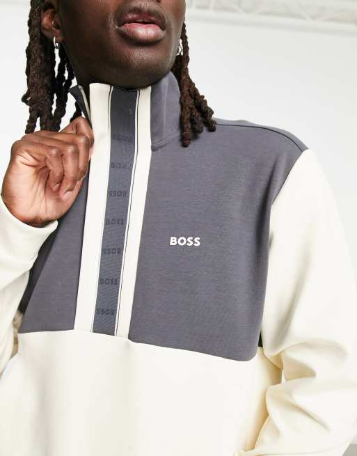BOSS - Green - Sweat 1 - Sweatshirt met 1/4 rits en bies in gebroken wit en marineblauw , 3 van 4