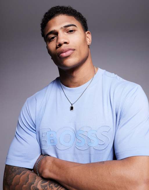 BOSS Green - T-shirt coupe classique avec logo en point de chaînette - Bleu clair