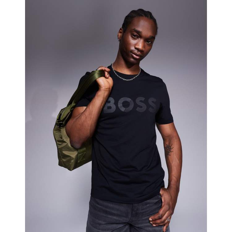 BOSS GREEN コットンジャージー TAPE LOGO Tシャツ BOSS Green Tape Logo t-shirt regular fit in black | ASOS