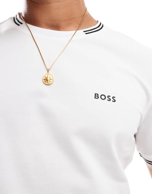 BOSS GREEN - Taul - T-shirt bianca con righe a contrasto sui bordi, 3 di 4