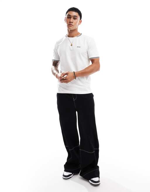 BOSS GREEN - Taul - T-shirt bianca con righe a contrasto sui bordi, 4 di 4